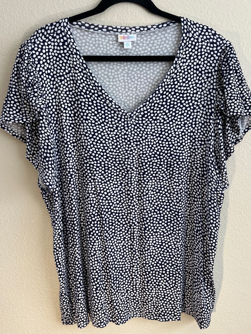LuLaRoe Remi Navy and White V-Neck Dot Flutter Sleeve Top